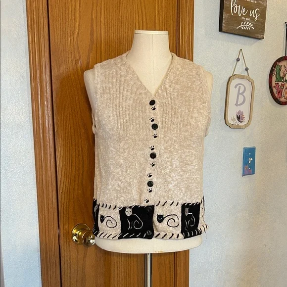 Christopher & Banks Beige Knit Kitty Sweater Vest - Picture 1 of 9